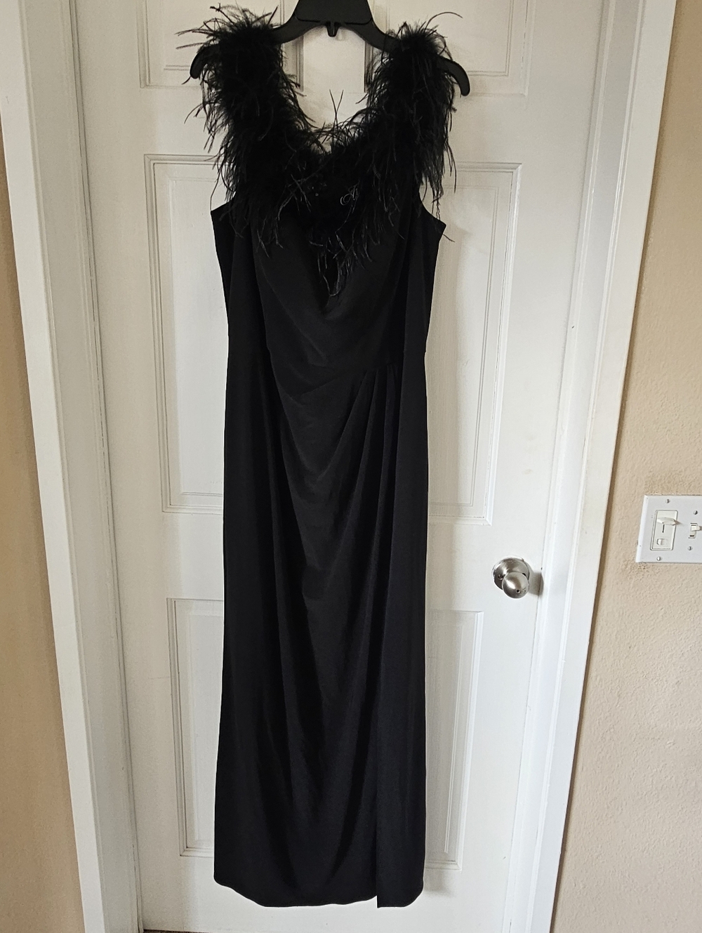 Alex Evenings Black Feather-Trim Maxi Dress